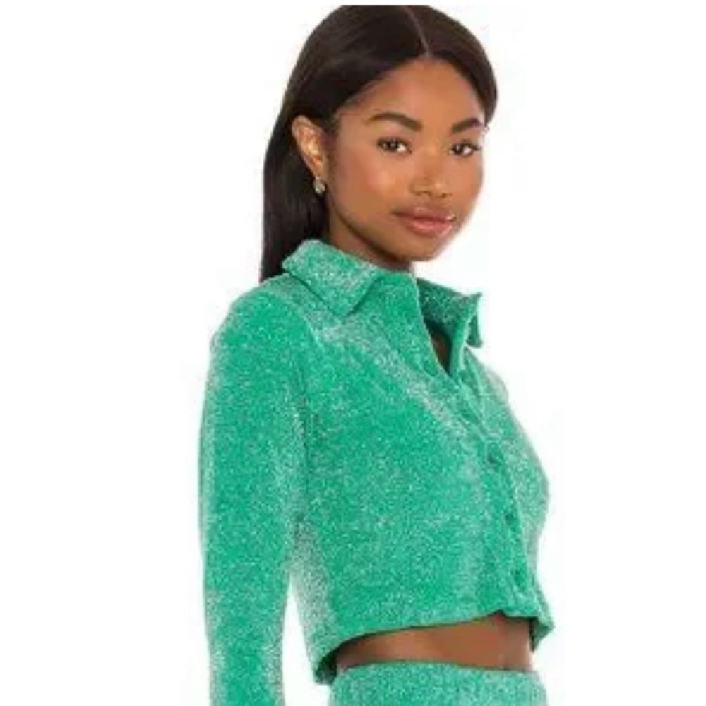 Frankie's Bikinis Josephine Cardi Crop Top sparkly green terry lurex Size M NWT
